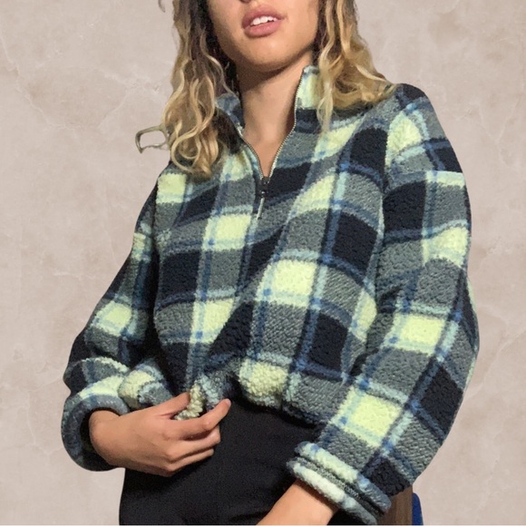 American Eagle Neon Green Fuzzy Sherpa Plaid Quarter Zip Front Sweatshirt - Picture 1 of 4